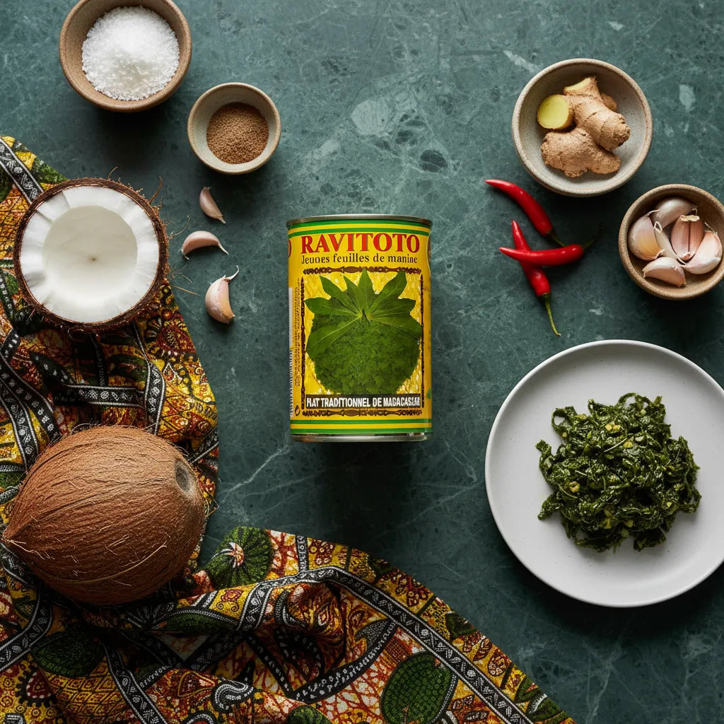 Feuille de manioc Ravitoto CODAL entourée d'ingrédients exotiques sur table verte, idéale pour cuisiner des plats malgaches savoureux.